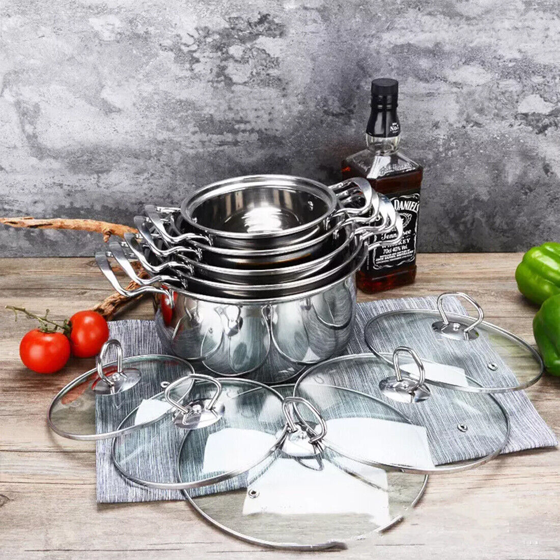 11-Piece Stainless Steel Nonstick Cookware Set – Induction & Gas Compatible with Glass Lids