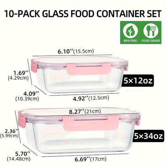 10-Piece Glass Meal Prep Containers | Leak-Proof Airtight Food Storage Set