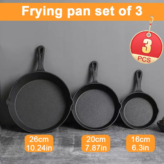 3-Piece Cast Iron Skillet Set – 6", 8" & 10" Uncoated Frying Pans