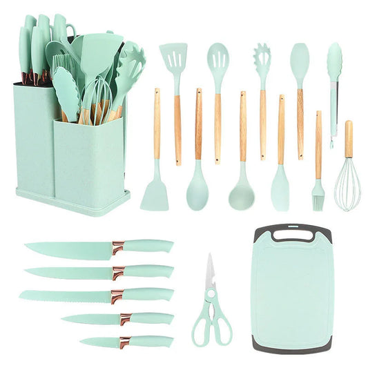 Food Grade 19 Pcs Silicone Kitchen Utensil Set With Wooden Handle Cooking Tools Cuttings Board Storage Bucket Kitchen Gadget Set