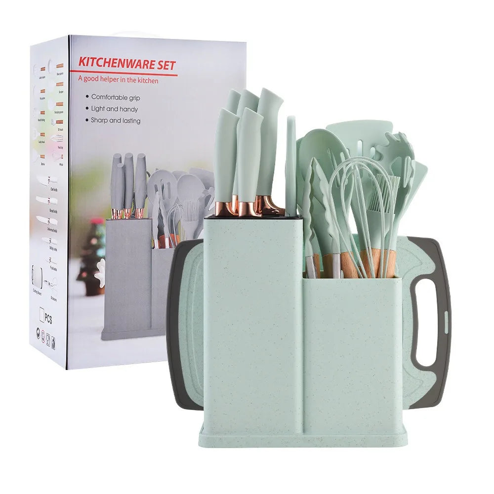 Food Grade 19 Pcs Silicone Kitchen Utensil Set With Wooden Handle Cooking Tools Cuttings Board Storage Bucket Kitchen Gadget Set
