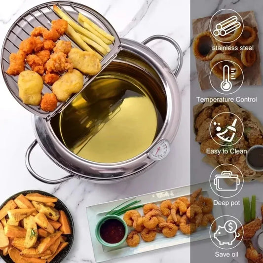 Stainless Steel Deep Fryer Pot with Thermometer & Oil Drip Rack