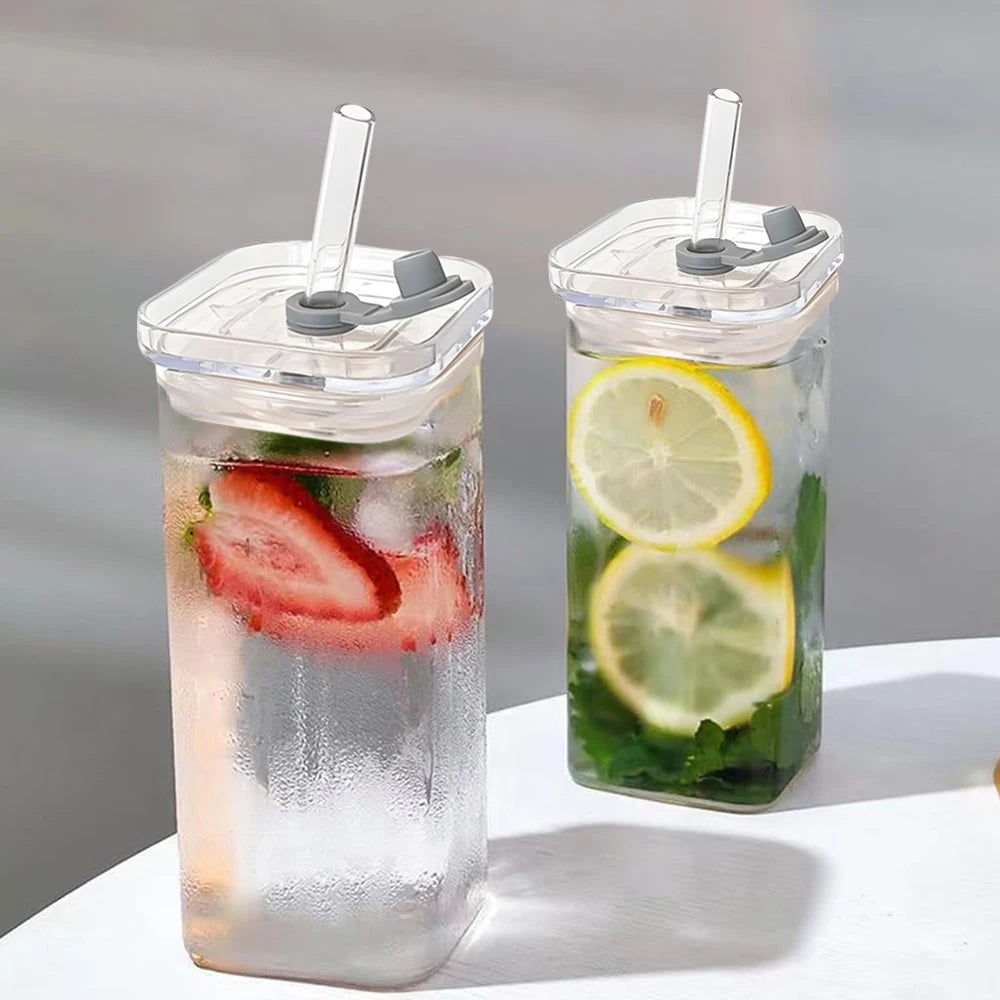 2-Piece Square Glass Cup Set with Lid & Straw – Hot & Cold Drinkware