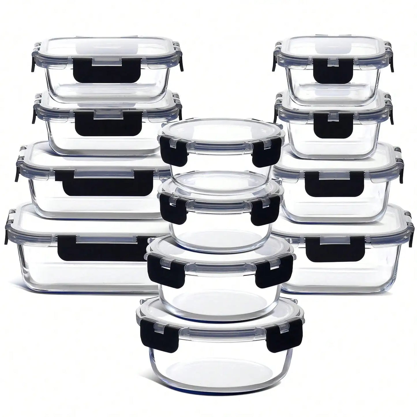 12-piece set of glass food storage containers with lids, airtight leak-proof glass lunch boxes, various sizes and shapes