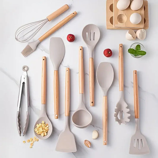 12pcs Silicone Cooking Utensil Set – Multi-Color, Heat-Resistant Kitchenware with Wooden Handles, Non-Stick Spatulas & Spoons