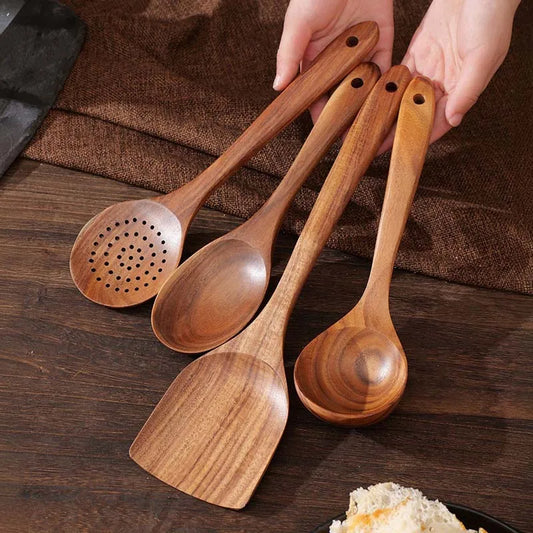 5-Piece Teak Wooden Utensil Set – Natural, Eco-Friendly Cooking Spoons & Spatulas