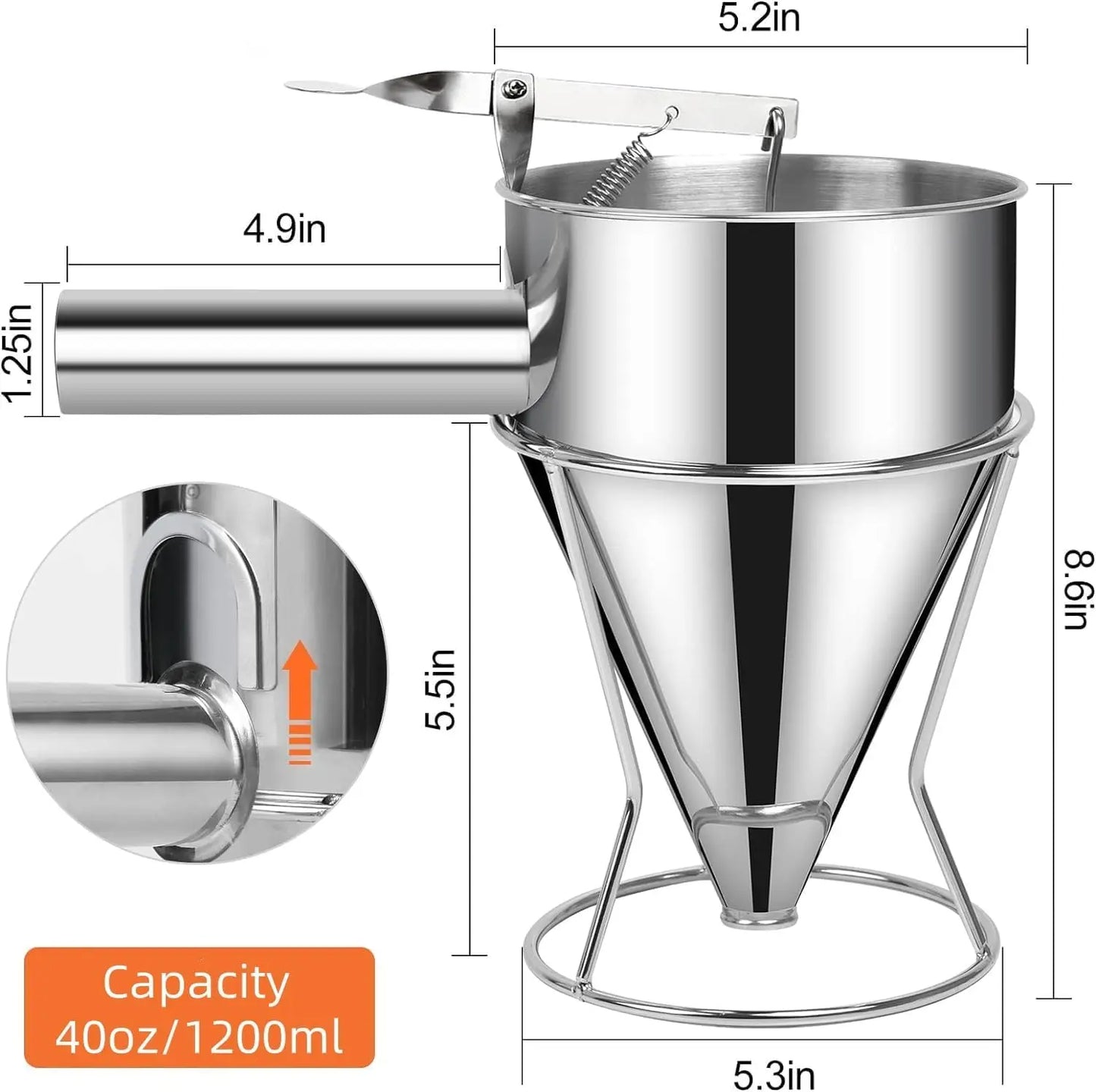 Stainless Steel Pancake Batter Dispenser with Stand – Multi-Caliber Funnel Cake Dispenser with 4 Nozzles for Cupcakes, Waffles & Baked Goods