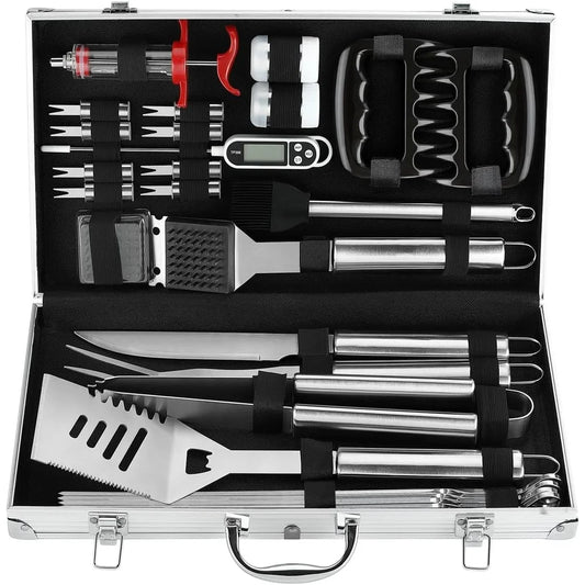 26-Piece BBQ Grill Accessories Set – Stainless Steel Tools with Aluminum Storage Case