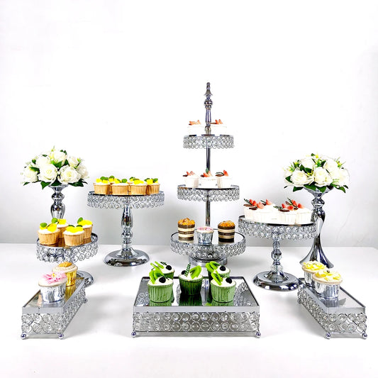 9-Piece Gold & Silver Crystal Beaded Cake Stand Set – Mirror Dessert Display for Parties & Events