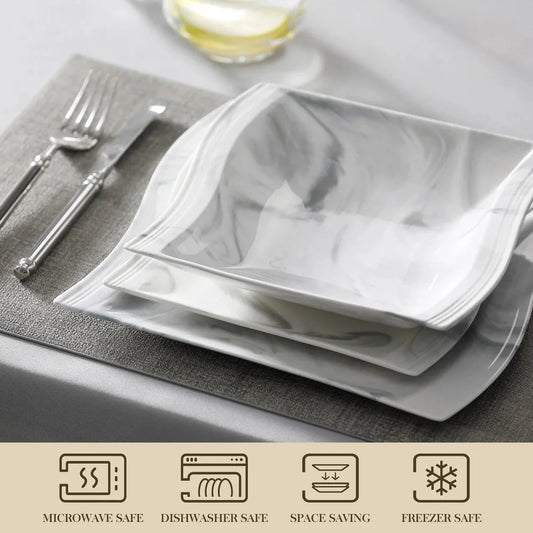 MALACASA FLORA Marble Porcelain Dinnerware Set 30 Piece Tableware with 6PCS Dinner Plate Dessert Plate Soup Plate Cups