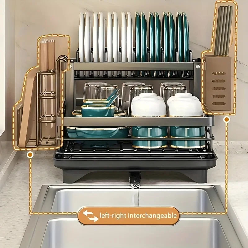 Double-tier extendable dish drainer, suitable for kitchen worktops as a large-capacity utensil rack and draining board.