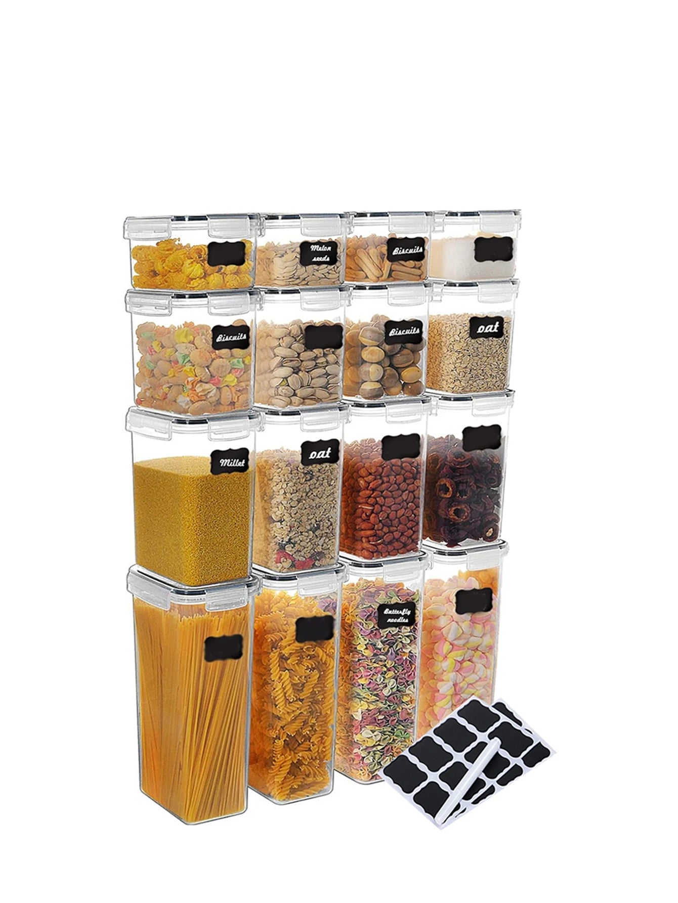 14pcs,kitchen gadgets, sealed pasta boxes with LIDS, labels and markings - versatile containers for pasta, dry food,