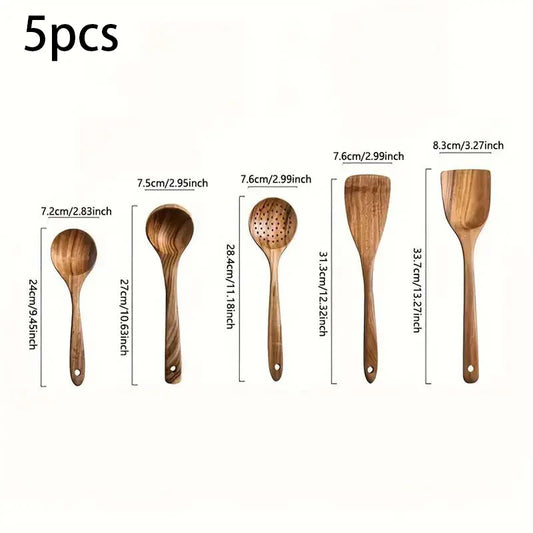 Teak Wooden Utensil Set 5-Piece - Natural Cooking Spoons, Spatula, Slotted Spoon, Salad Server, Non-Scratch Eco-Friendly Kitchen