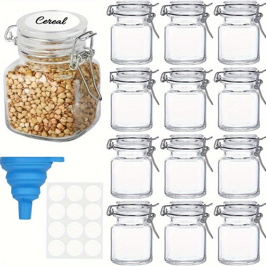 12pcs/set 120ml/4oz Mini Clip Top Glass Jars, Airtight Spice Containers with Hinged Lids, Reusable Storage Containers, Labels & Funnel Included, Perfect for Kitchen, Spices & Herbs Organization and Storage
