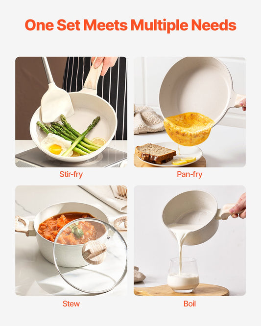 19-Piece Nonstick Granite Cookware Set – Induction Pots & Pans with Glass Lids & Pan Protectors (White)