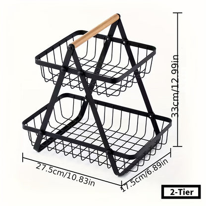 [2/3 Tier Metal Basket] 2/3 Tier High-Capacity Metal Fruit Basket | Portable Countertop Organizer for Fruits, Vegetables, Bread & Snacks | Detachable Rectangle Design for Kitchen Storage