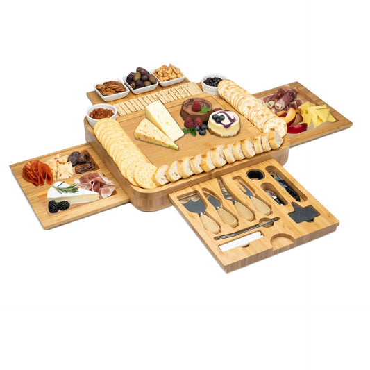 Bamboo Cheese Board Set ? 4-Drawer Charcuterie Platter with Ceramic Bowls & Utensils