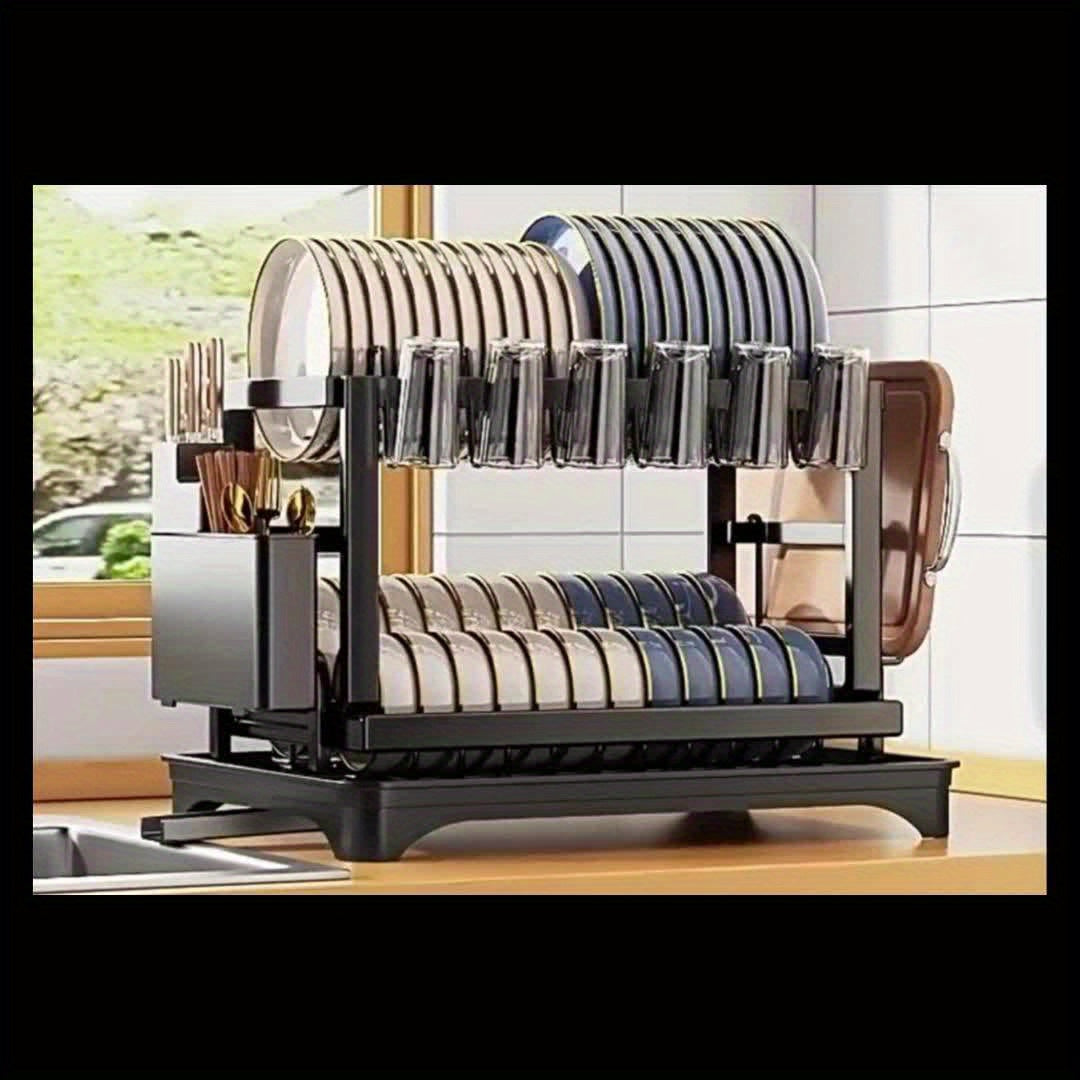 1pc Large Capacity 2-Tier Dish Drying Rack with Drainboard, Double-Layer Bowl & Cup Rack, Detachable Over The Sink Organizer for Kitchen Counter, Black & White - Ideal for Plates, Bowls, Cups & Cutlery Storage, Dish Drying Ra