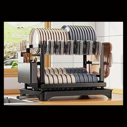 1pc Large Capacity 2-Tier Dish Drying Rack with Drainboard, Double-Layer Bowl & Cup Rack, Detachable Over The Sink Organizer for Kitchen Counter, Black & White - Ideal for Plates, Bowls, Cups & Cutlery Storage, Dish Drying Ra