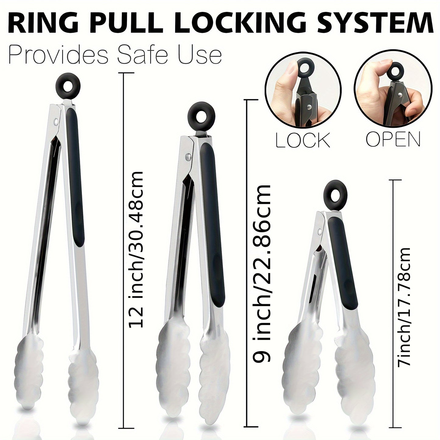 [Stainless Steel Locking Tongs] 3pcs Heavy Duty Stainless Steel Locking Tong Set with Long Handle & Non-Slip Silicone Grip - Heat-Resistant up to 480°F, Ergonomic Design for Cooking, Baking, Grilling - Durable Kitchen Utensi