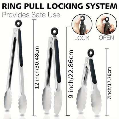 [Stainless Steel Locking Tongs] 3pcs Heavy Duty Stainless Steel Locking Tong Set with Long Handle & Non-Slip Silicone Grip - Heat-Resistant up to 480°F, Ergonomic Design for Cooking, Baking, Grilling - Durable Kitchen Utensi
