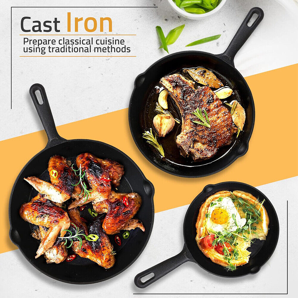 Set of 3 Cast Iron Nonstick Skillet & Griddle Cooking Pans (Pre-Seasoned)