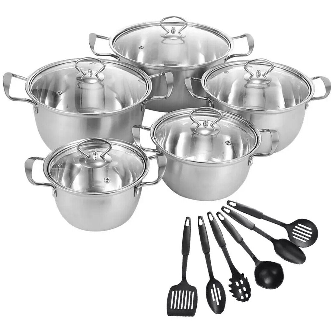 11-Piece Stainless Steel Nonstick Cookware Set – Induction & Gas Compatible with Glass Lids
