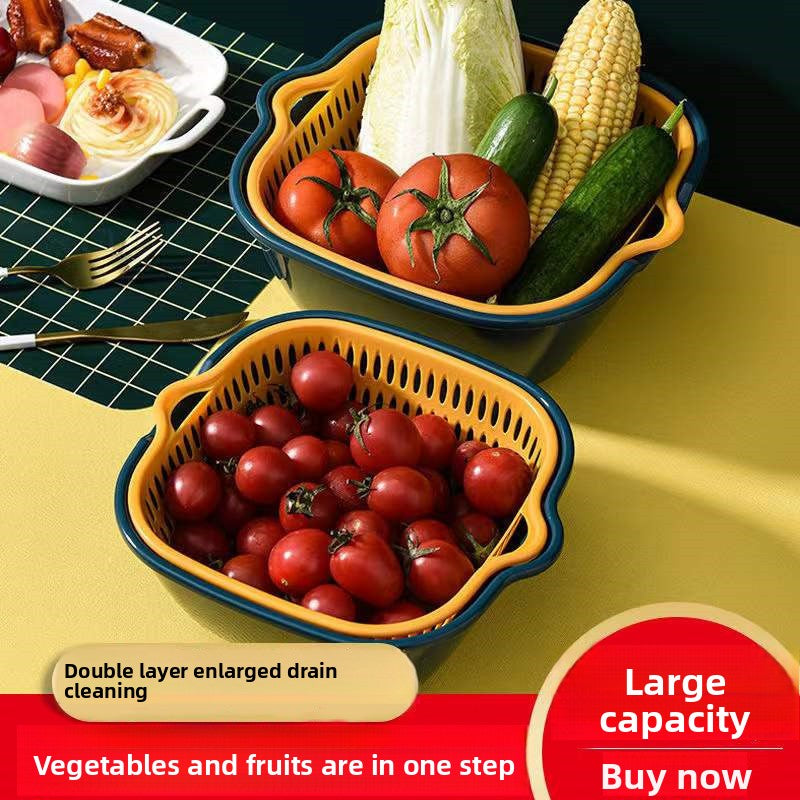 Double-Layer Washing & Draining Basket ? Multi-Functional Kitchen Basin for Fruits and Vegetables