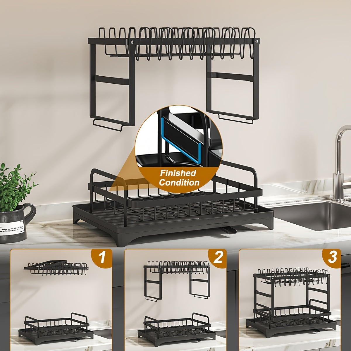 1pc Large Capacity 2-Tier Dish Drying Rack with Drainboard, Double-Layer Bowl & Cup Rack, Detachable Over The Sink Organizer for Kitchen Counter, Black & White - Ideal for Plates, Bowls, Cups & Cutlery Storage, Dish Drying Ra