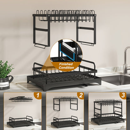 1pc Large Capacity 2-Tier Dish Drying Rack with Drainboard, Double-Layer Bowl & Cup Rack, Detachable Over The Sink Organizer for Kitchen Counter, Black & White - Ideal for Plates, Bowls, Cups & Cutlery Storage, Dish Drying Ra