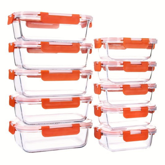 10pcs Leak-Proof Glass Meal Prep Containers - Durable, Reusable Kitchen Organizers - Airtight for Freshness - Ideal for Camping, Picnics, School, Office & Home