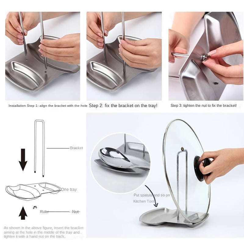 1pc Stainless Steel Pot Cover Rack, Household Kitchen Storage Rack, Pot Cover Storage Tray, Spoon Rack, Table Top, Seated With Tray