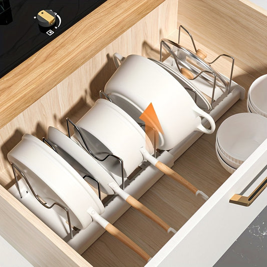 Adjustable Stainless Steel Pot & Pan Organizer Rack – Expandable Cabinet Storage with Dividers