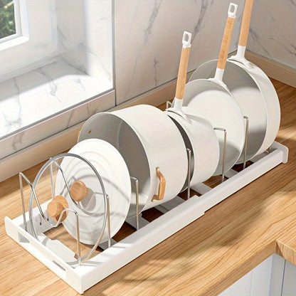 [1pc Adjustable Pot Organizer Rack] 1pc Expandable Stainless Steel Pot Organizer Rack with Adjustable Dividers, Uncharged Multi-Purpose Kitchen Cabinet Cookware Storage Solution for Pots and Pans Organization