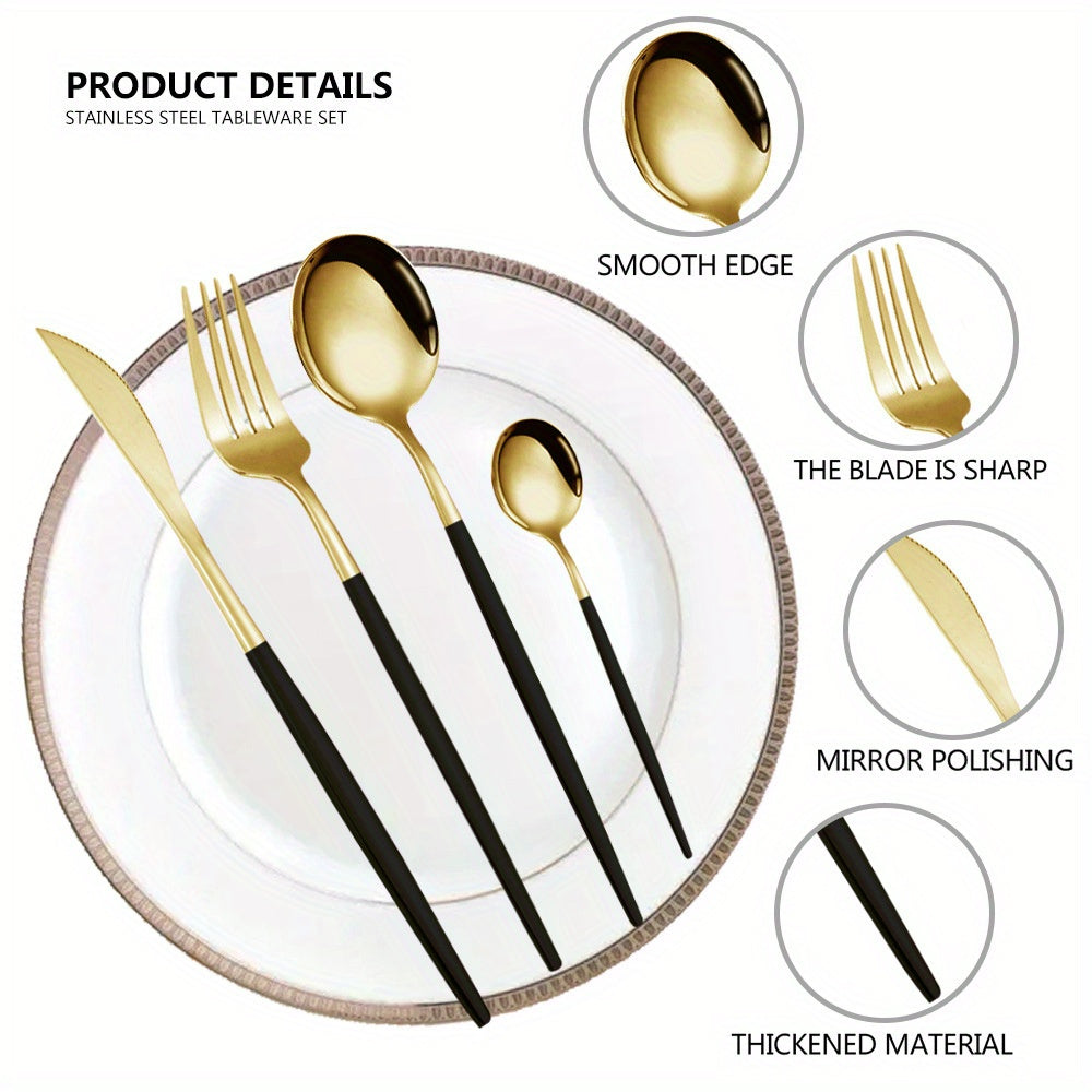 24pcs, Elegant And Durable Gold Dinnerware Set, Made Of Stainless Steel, Including Steak Knives, Forks, Coffee Spoons, And Teaspoons, This Flatware Is Dishwasher Safe And Perfect For Adding A Touch Of Luxury To Your Kitchen T