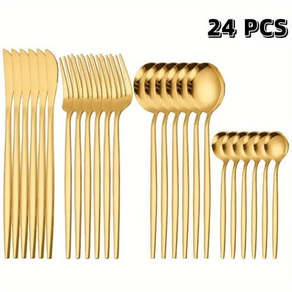 24pcs, Elegant And Durable Gold Dinnerware Set, Made Of Stainless Steel, Including Steak Knives, Forks, Coffee Spoons, And Teaspoons, This Flatware Is Dishwasher Safe And Perfect For Adding A Touch Of Luxury To Your Kitchen T