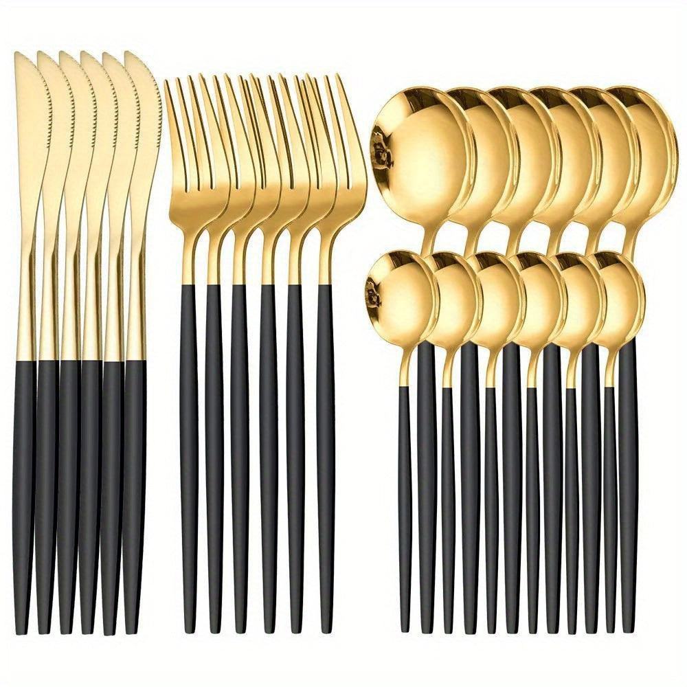 24pcs, Elegant And Durable Gold Dinnerware Set, Made Of Stainless Steel, Including Steak Knives, Forks, Coffee Spoons, And Teaspoons, This Flatware Is Dishwasher Safe And Perfect For Adding A Touch Of Luxury To Your Kitchen T