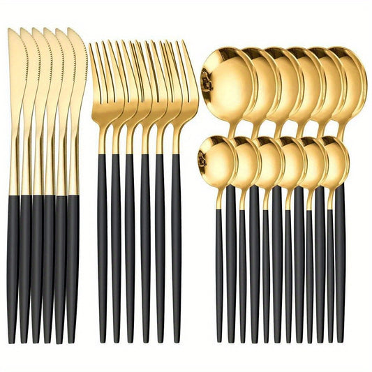 24pcs, Elegant And Durable Gold Dinnerware Set, Made Of Stainless Steel, Including Steak Knives, Forks, Coffee Spoons, And Teaspoons, This Flatware Is Dishwasher Safe And Perfect For Adding A Touch Of Luxury To Your Kitchen T