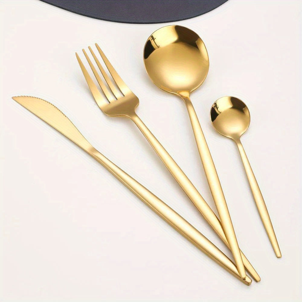 24pcs, Elegant And Durable Gold Dinnerware Set, Made Of Stainless Steel, Including Steak Knives, Forks, Coffee Spoons, And Teaspoons, This Flatware Is Dishwasher Safe And Perfect For Adding A Touch Of Luxury To Your Kitchen T