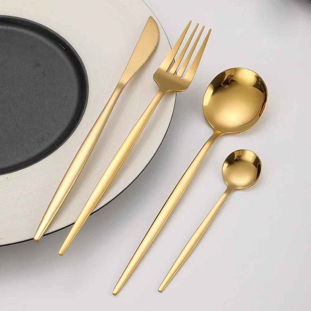 24pcs, Elegant And Durable Gold Dinnerware Set, Made Of Stainless Steel, Including Steak Knives, Forks, Coffee Spoons, And Teaspoons, This Flatware Is Dishwasher Safe And Perfect For Adding A Touch Of Luxury To Your Kitchen T