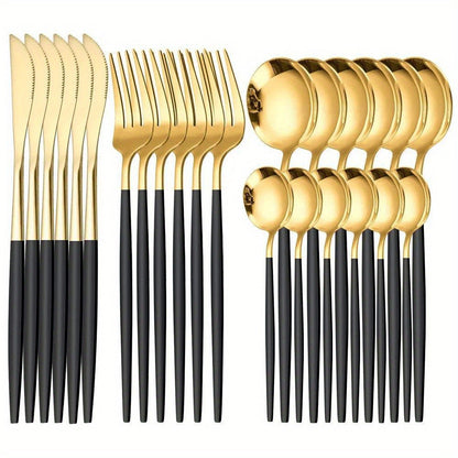 24pcs, Elegant And Durable Gold Dinnerware Set, Made Of Stainless Steel, Including Steak Knives, Forks, Coffee Spoons, And Teaspoons, This Flatware Is Dishwasher Safe And Perfect For Adding A Touch Of Luxury To Your Kitchen T