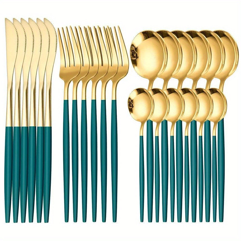 24pcs, Elegant And Durable Gold Dinnerware Set, Made Of Stainless Steel, Including Steak Knives, Forks, Coffee Spoons, And Teaspoons, This Flatware Is Dishwasher Safe And Perfect For Adding A Touch Of Luxury To Your Kitchen T