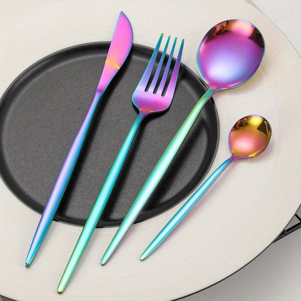 24pcs, Portugal Dinnerware Set, Stainless Steel Steak Knife Fork Coffee Spoon Teaspoon Flatware, Dishwasher Safe, Kitchen Tableware