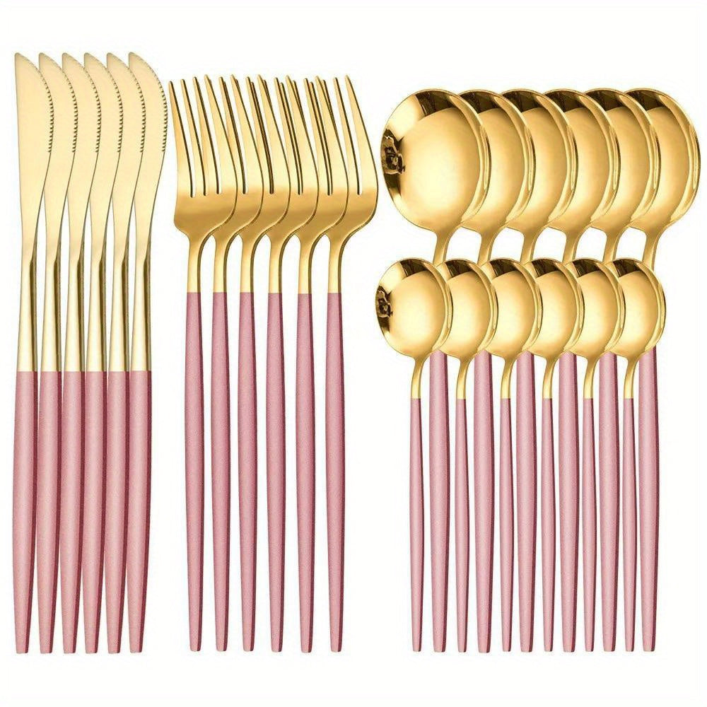 24pcs, Portugal Dinnerware Set, Stainless Steel Steak Knife Fork Coffee Spoon Teaspoon Flatware, Dishwasher Safe, Kitchen Tableware