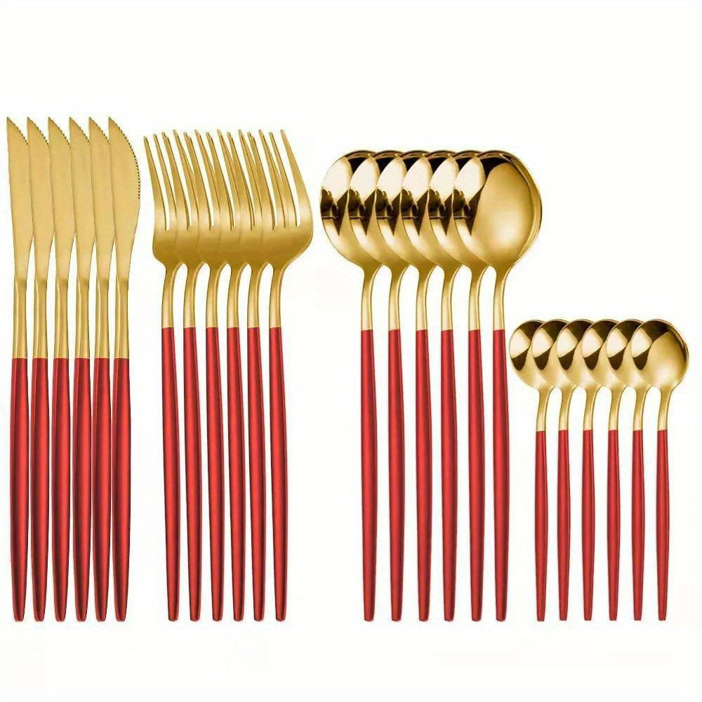 24pcs, Portugal Dinnerware Set, Stainless Steel Steak Knife Fork Coffee Spoon Teaspoon Flatware, Dishwasher Safe, Kitchen Tableware