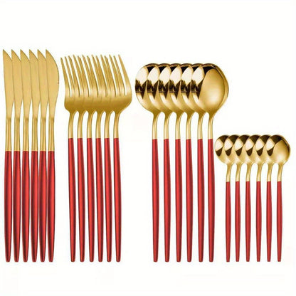 24pcs, Portugal Dinnerware Set, Stainless Steel Steak Knife Fork Coffee Spoon Teaspoon Flatware, Dishwasher Safe, Kitchen Tableware