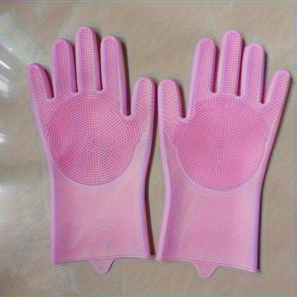 1pair Kitchen Silicone Dishwashing Gloves, Housework Cleaning Waterproof Insulation Magic Gloves, Dishwashing Brush