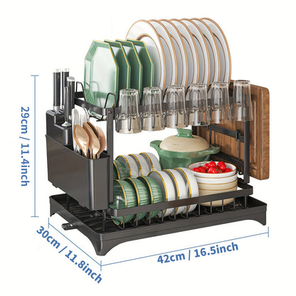 1pc Dish Rack, Double Layers Space-saving Dish Drying Rack With Drainboard And Utensil Holders, Multifunctional Large Capacity Dish Storage Organizer, For Kitchen Counter, Kitchen Organizers And Storage, Kitchen Accessories