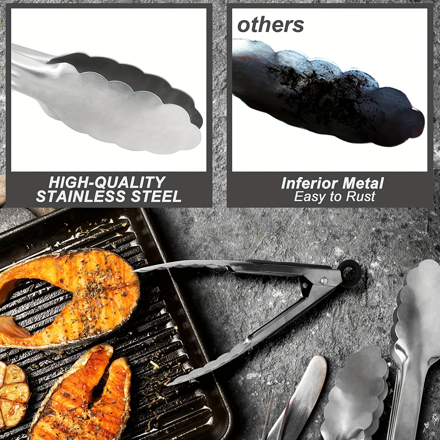 [Stainless Steel Locking Tongs] 3pcs Heavy Duty Stainless Steel Locking Tong Set with Long Handle & Non-Slip Silicone Grip - Heat-Resistant up to 480°F, Ergonomic Design for Cooking, Baking, Grilling - Durable Kitchen Utensi