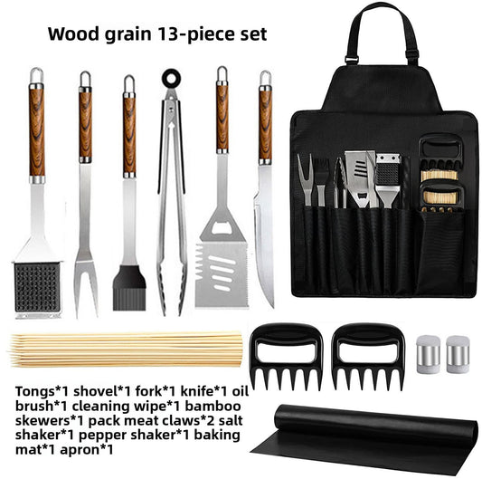 13-Piece Stainless Steel BBQ Tool Set ? Wood Handle Grill Utensils with Portable Storage Apron